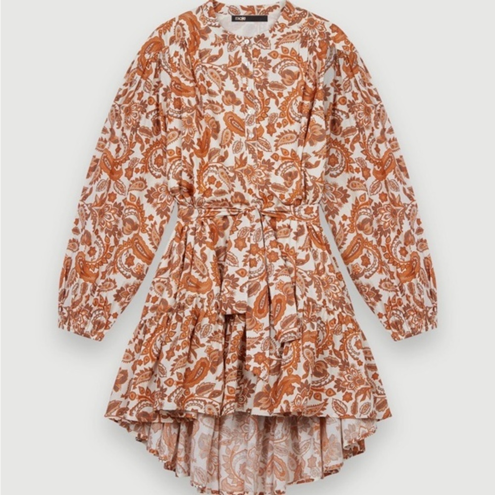 Maje Belted dress in printed cotton, Orange, size L NWT
